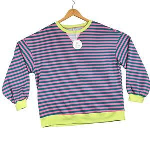 ANRABESS Womens Striped Oversized Sweatshirt 2XL Pink Green LS NWT Casual